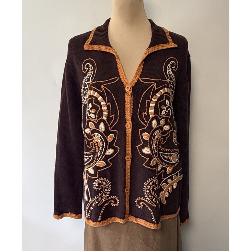 Shyanne Women Cardigan Western Wear  Embroidered Crochet Hem Brown Boho XL Fall